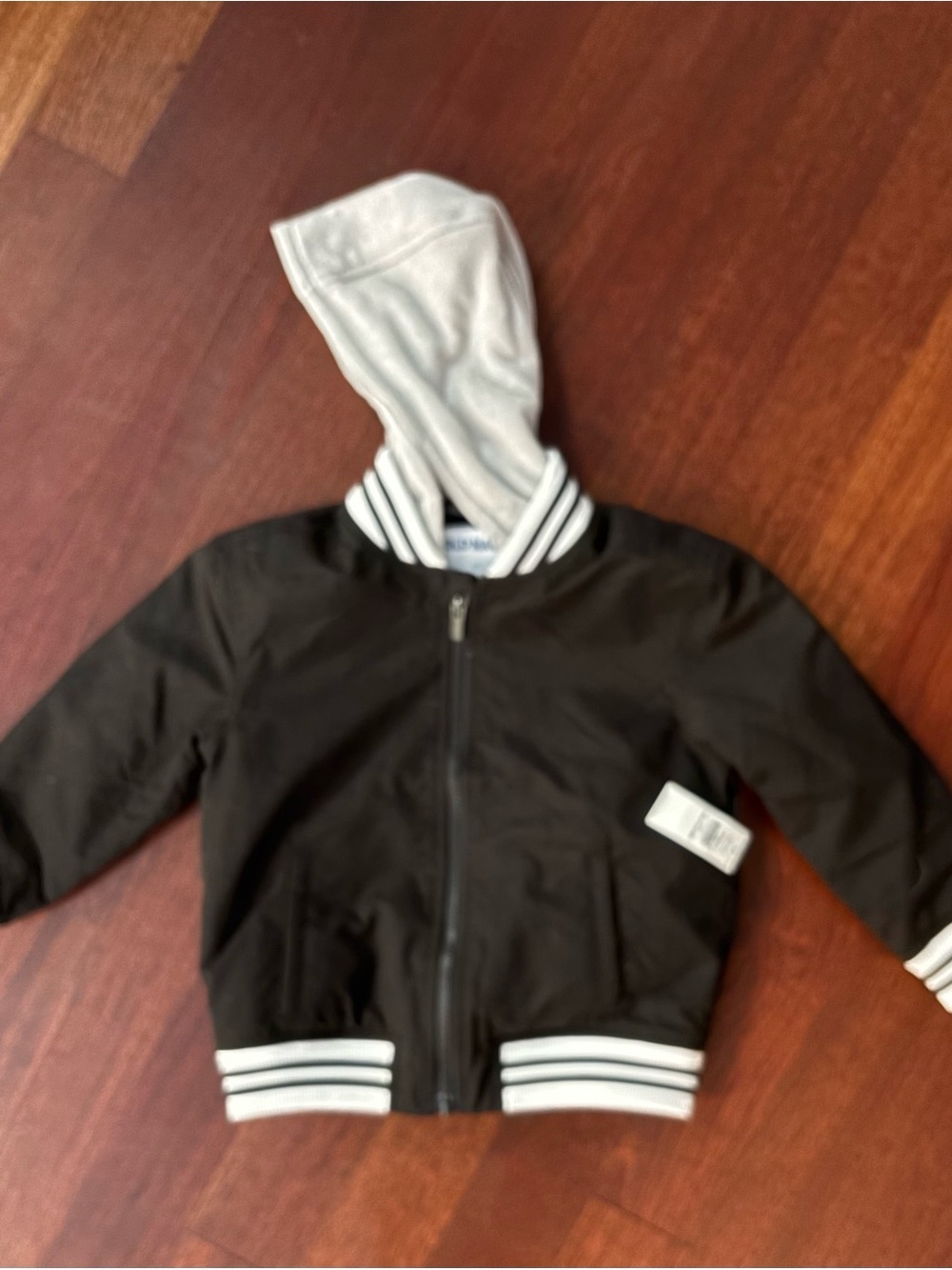 Old Navy Black Jacket with Light Gray Hood and White Stripe Trim